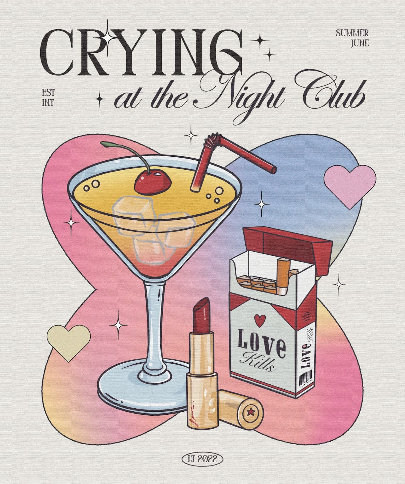 Ilustración «Crying at the night club», escena nocturna de club con figuras de colores