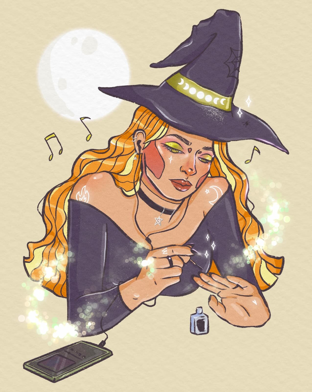 Ilustración «Bruja música», personaje místico rodeado de elementos musicales