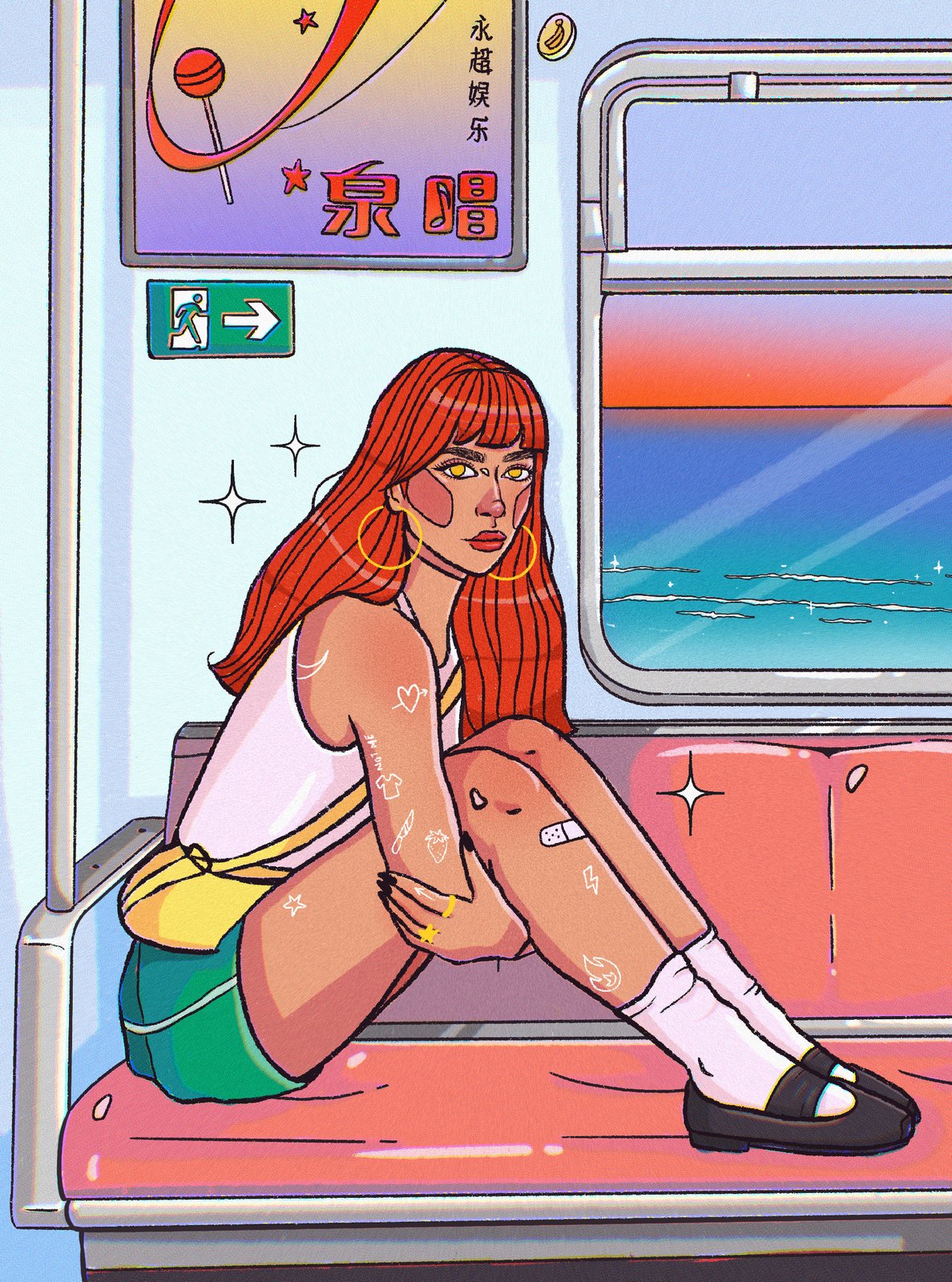 Ilustración «Chica en el tren», chica pelirroja sentada en un vagón de metro mirando al mar por la ventana