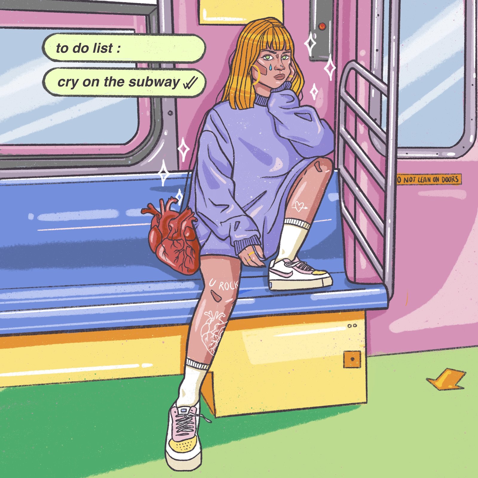 Ilustración «Cry on the subway», chica llorando en la puerta de un vagón de metro