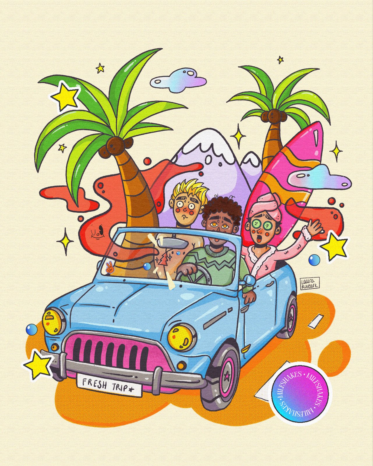 Ilustración «Fresh trip», tres amigos en un coche descapotable camino a la playa