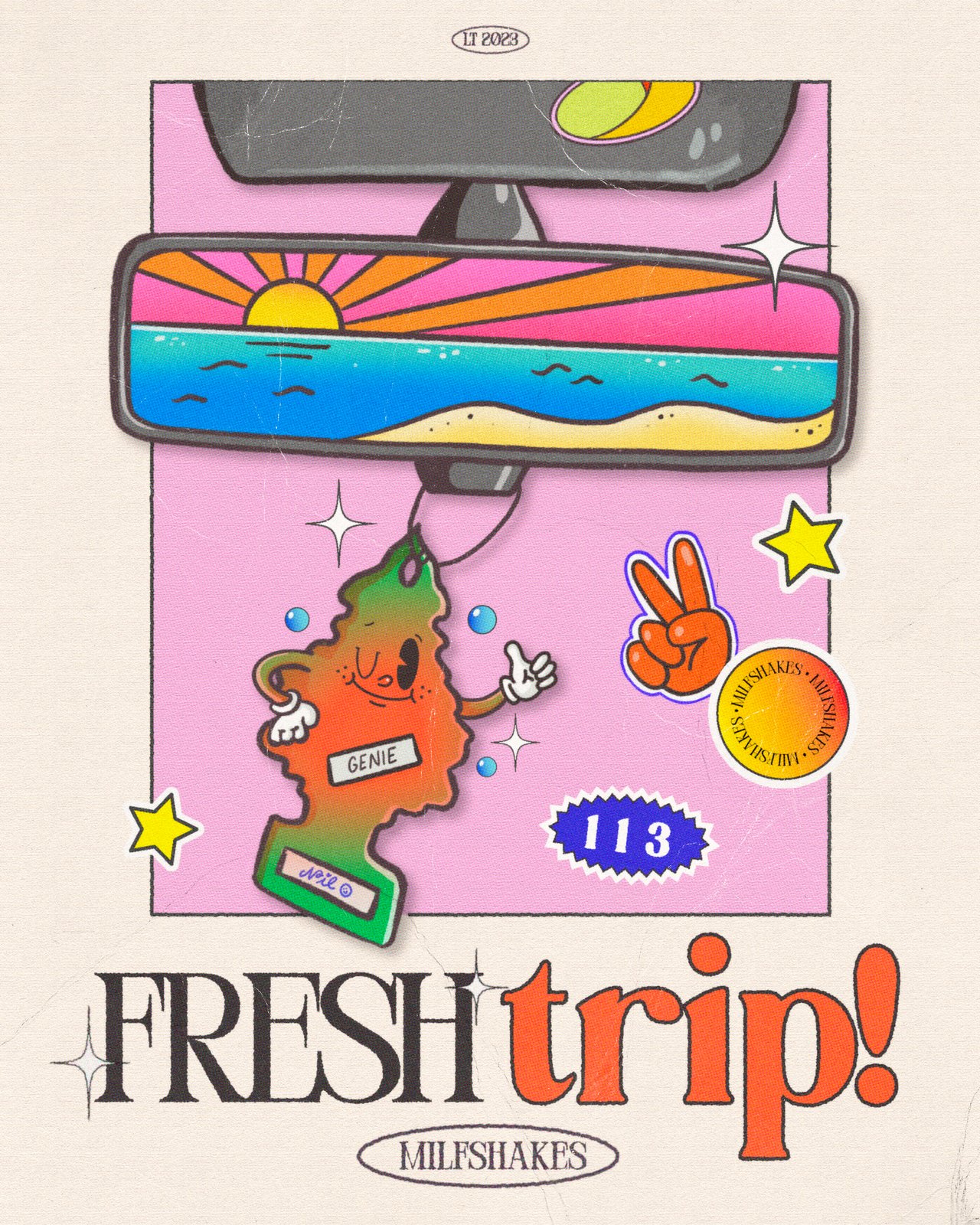 Ilustración «Fresh trip», cartel con espejo retrovisor y ambientador colgando