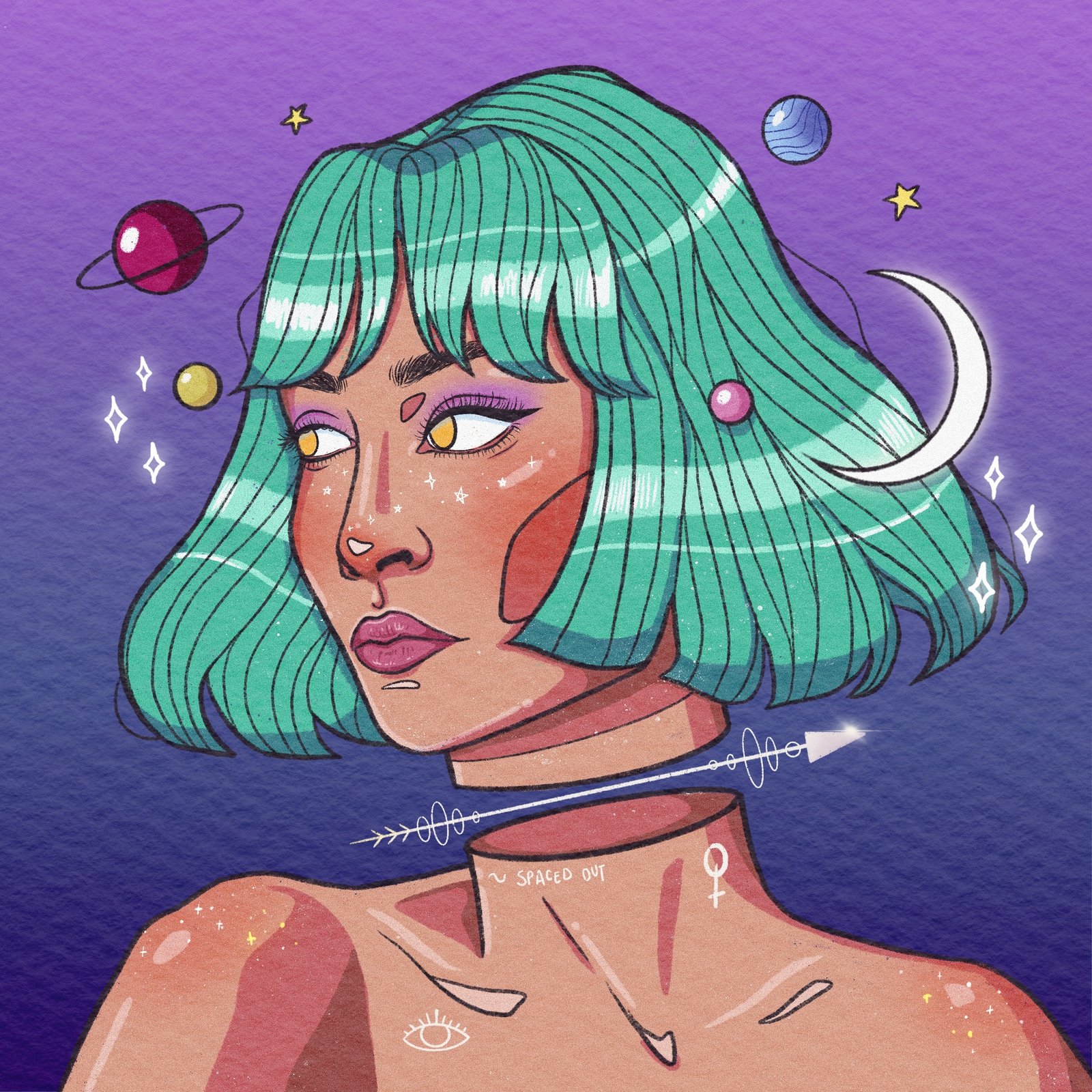 Ilustración «Spaced out», chica de pelo verde rodeada de planetas y estrellas