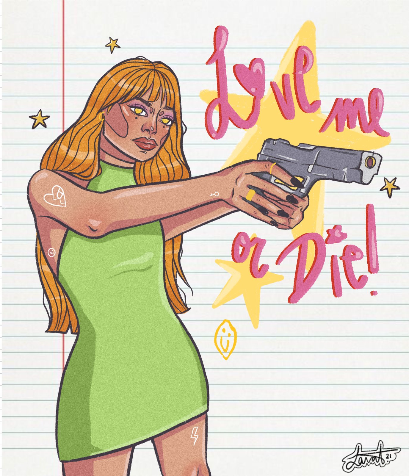 Ilustración «Love me or die», chica apuntando con una pistola sobre fondo de cuaderno