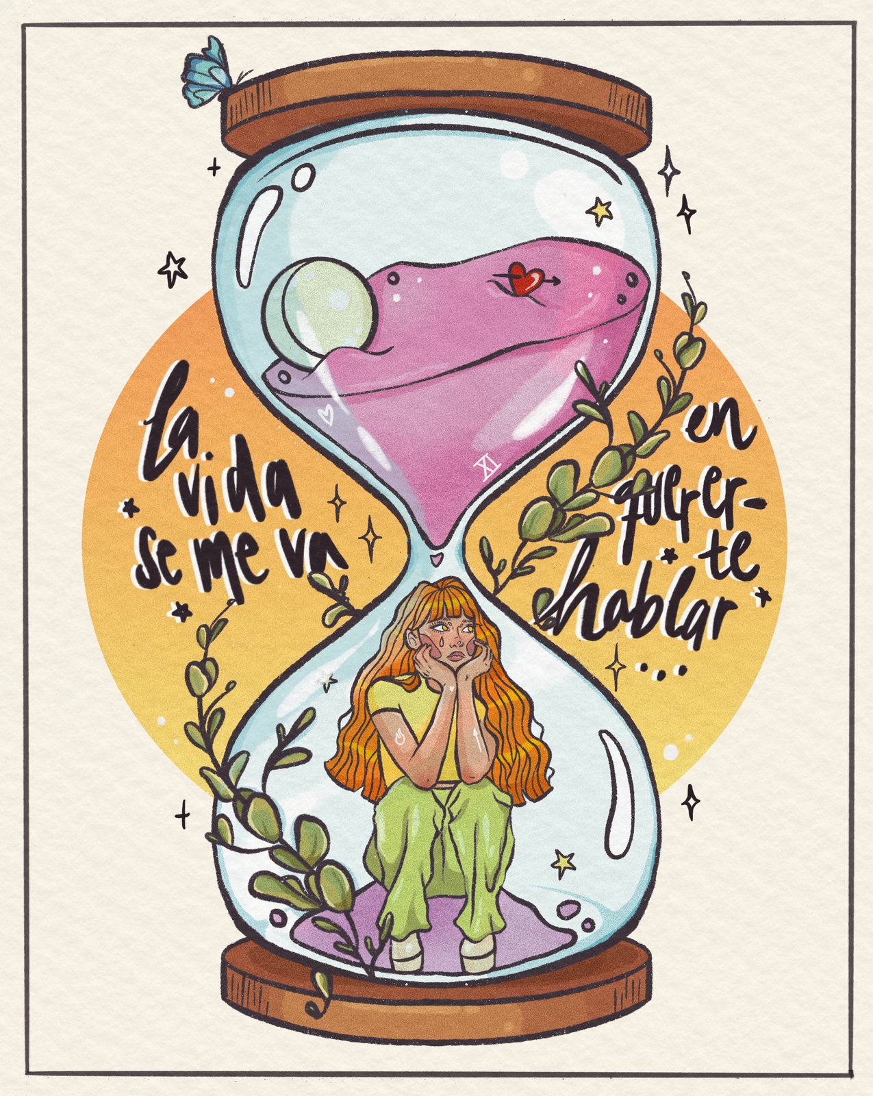 Ilustración «La vida se me va», chica dentro de un reloj de arena