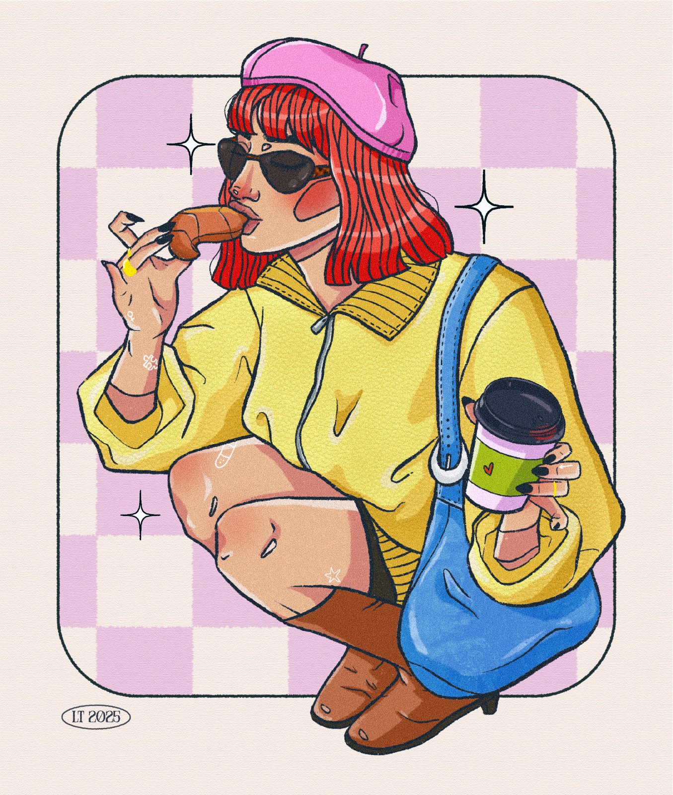 Ilustración «Cruasán con gafas de sol», chica con boina rosa comiendo un cruasán