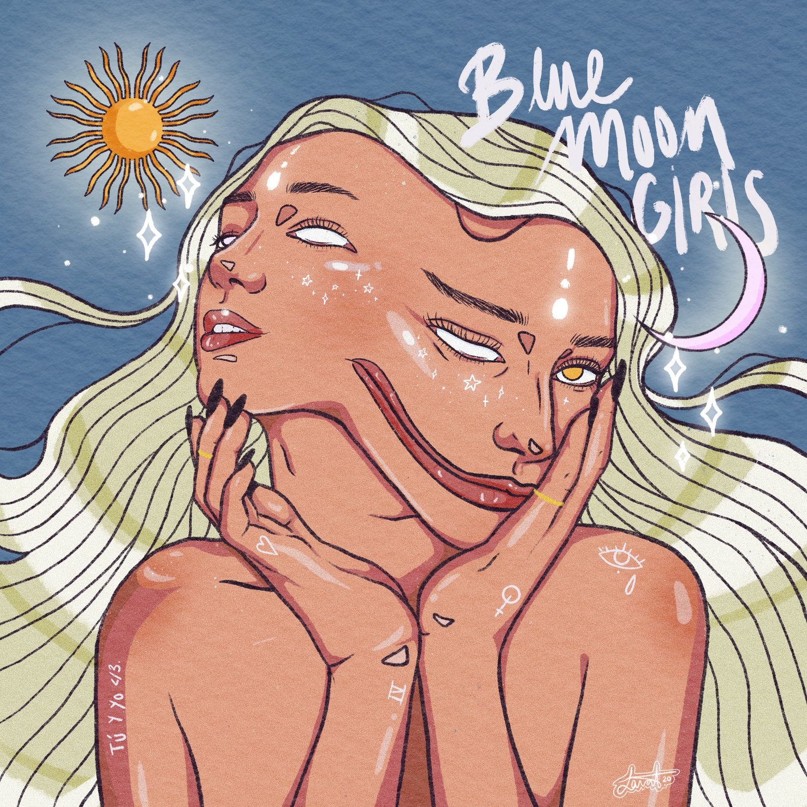 Ilustración «Blue moon girls», retrato con sol y luna
