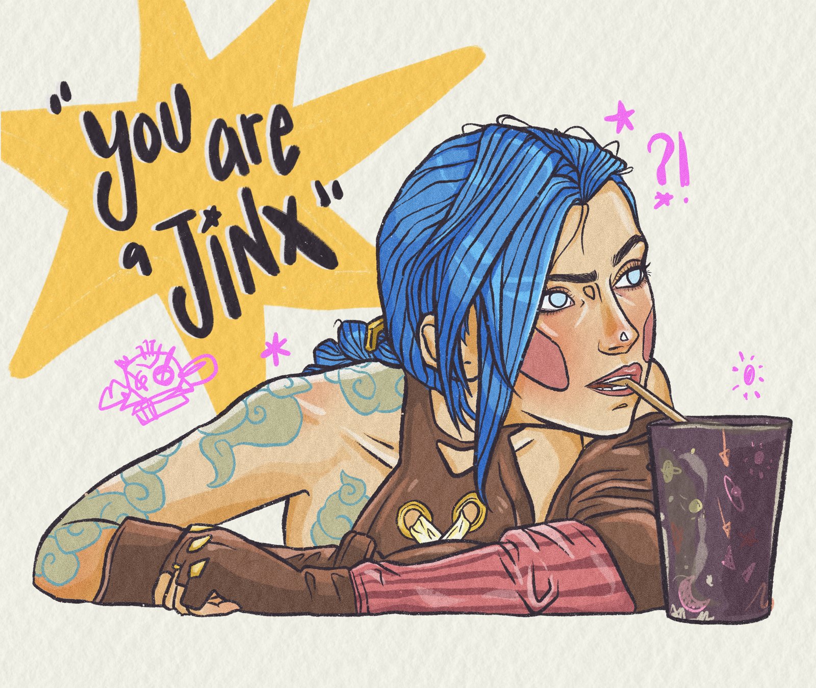 Ilustración «You are a jinx», chica de pelo azul con una bebida