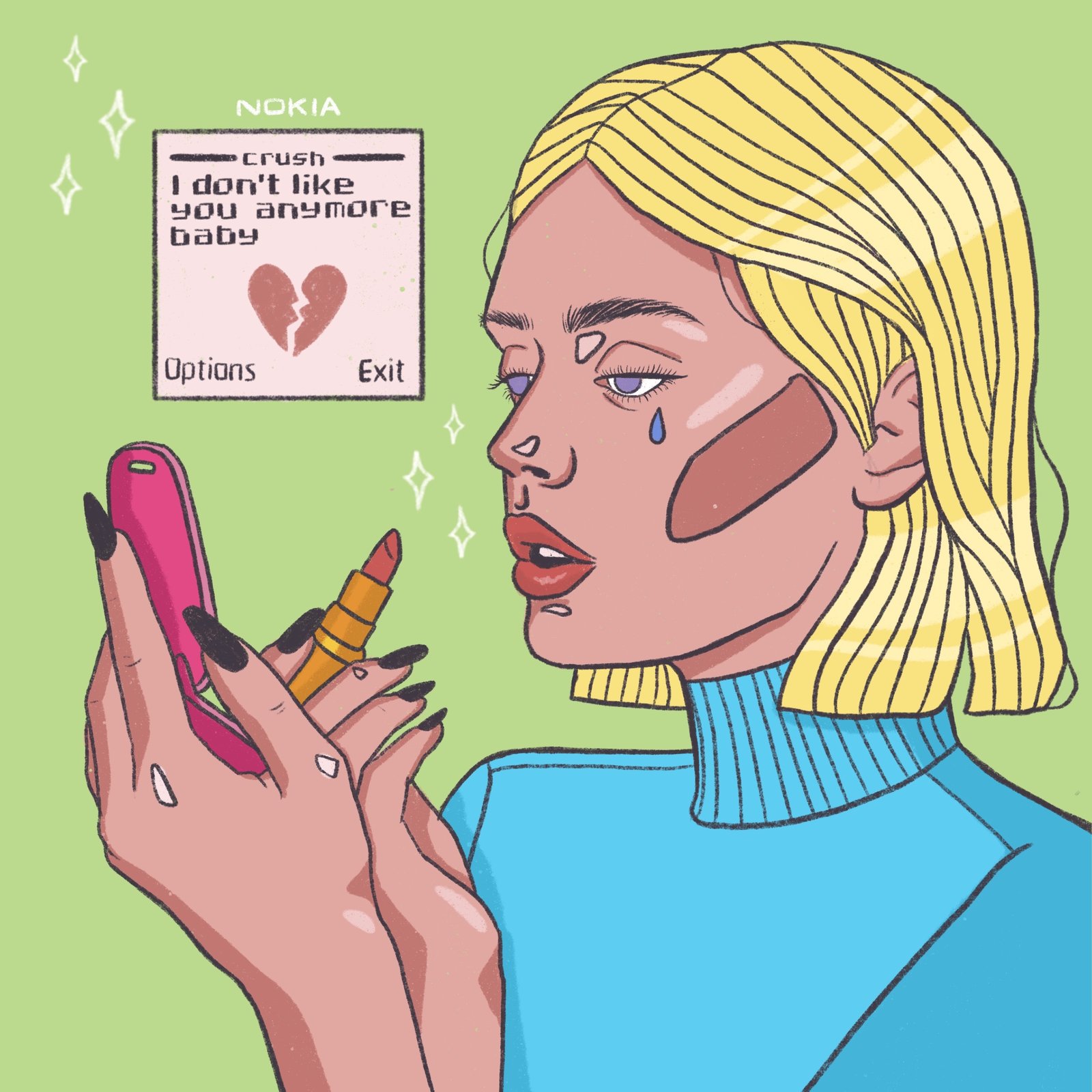 Ilustración «I don't like you anymore baby», chica llorando leyendo un mensaje en un móvil Nokia