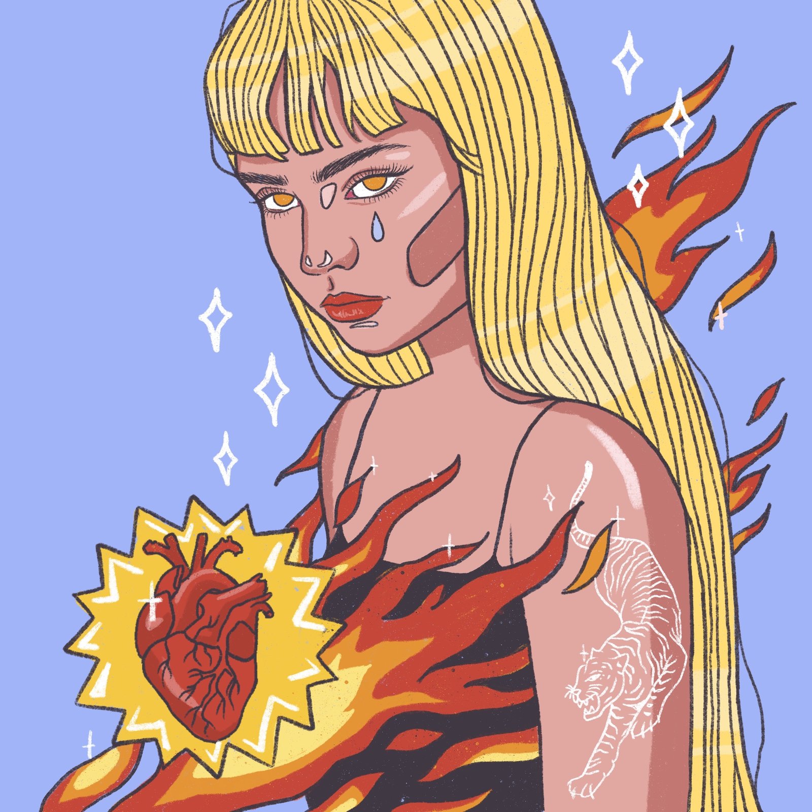 Ilustración «Corazón en llamas», chica con llamas y un corazón brillante