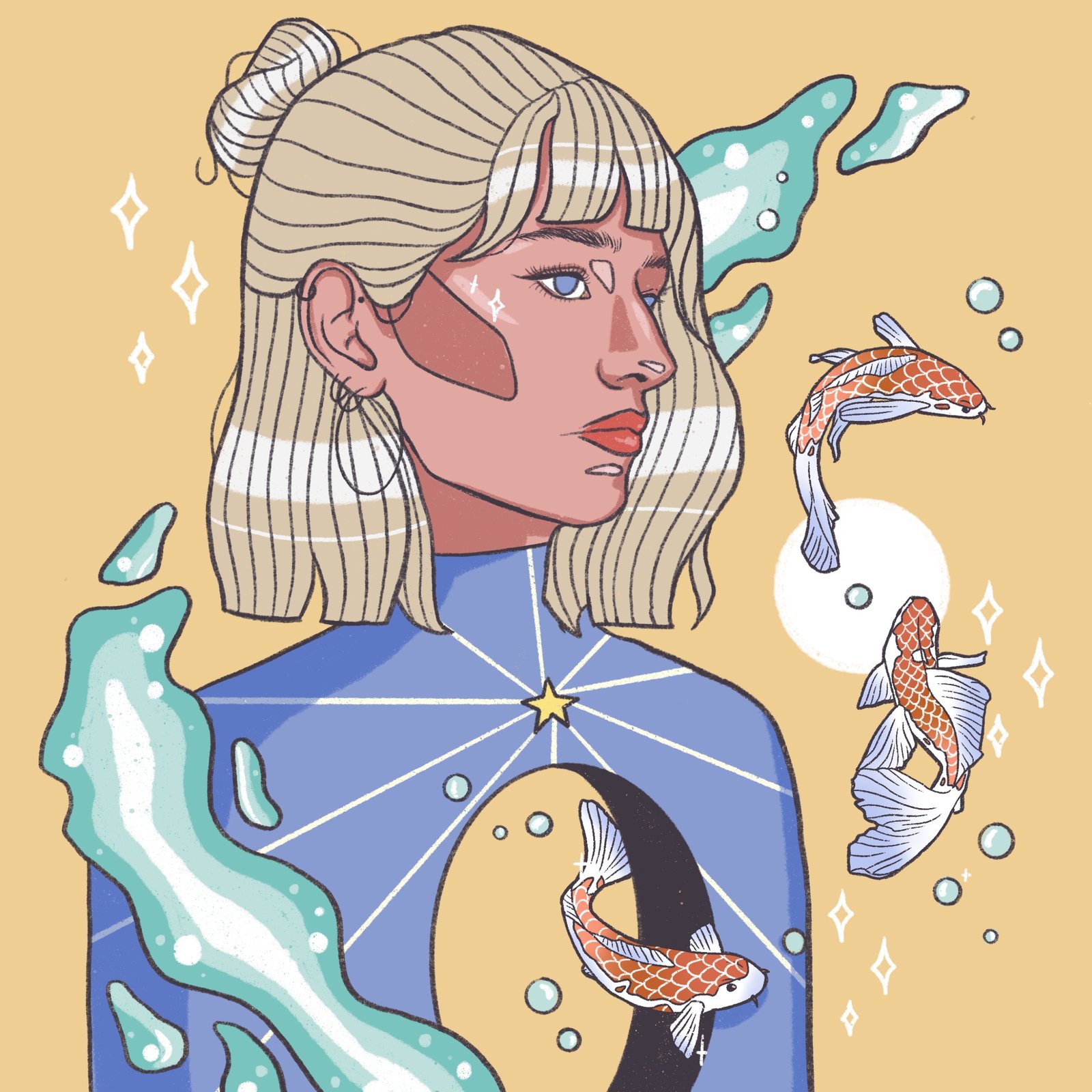 Ilustración «Koi», retrato con peces koi y agua