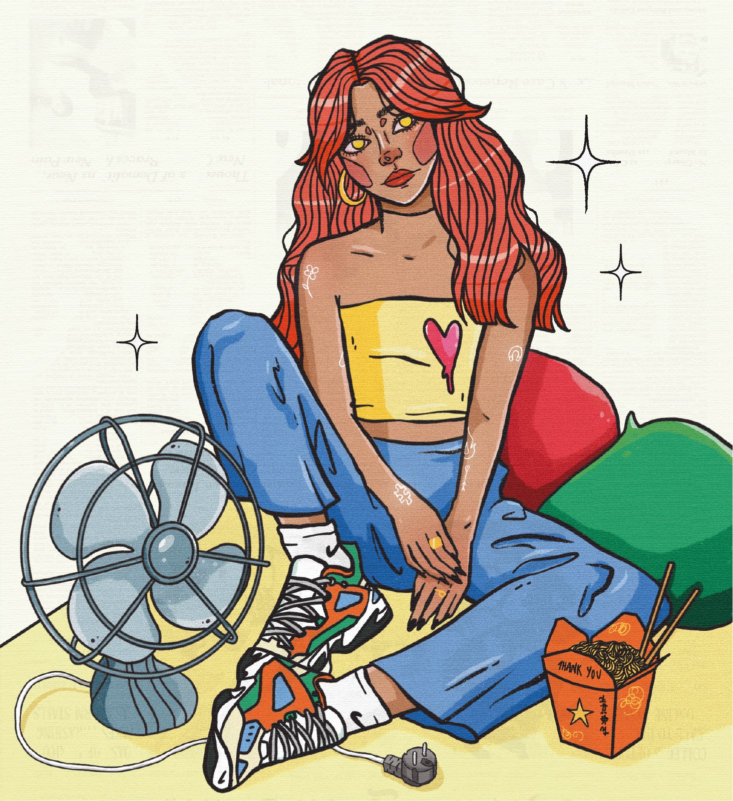 Ilustración «Ventilador de verano», chica sentada junto a un ventilador con comida para llevar