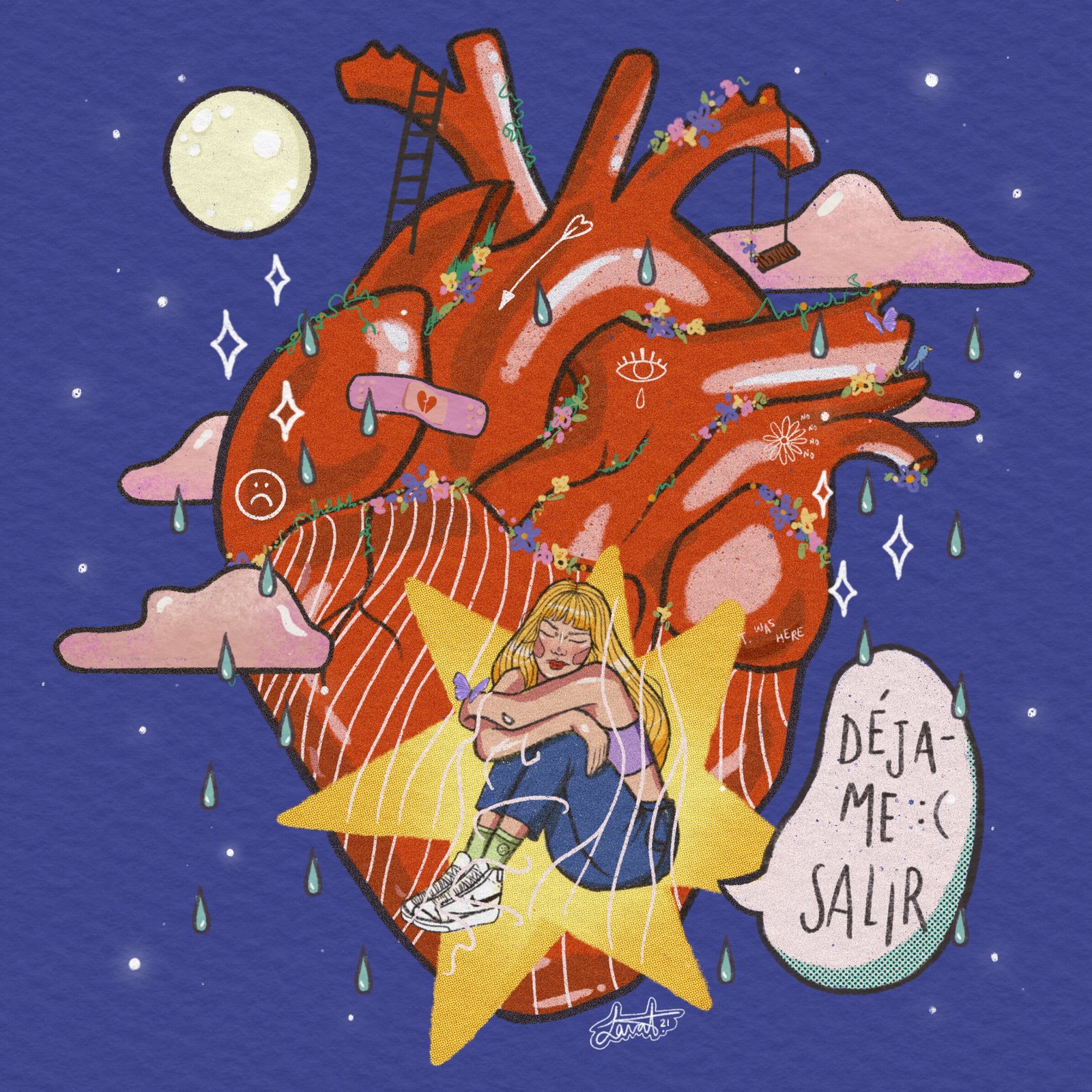 Ilustración «Déjame salir», corazón anatómico con una chica dentro